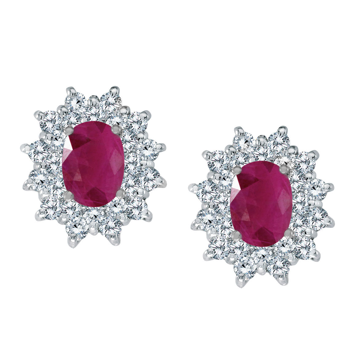 JCX2288: Bright 14k white gold earrings featuring 7x5 mm rubies surrounded by 1.00 total carat of scintillating diamonds.