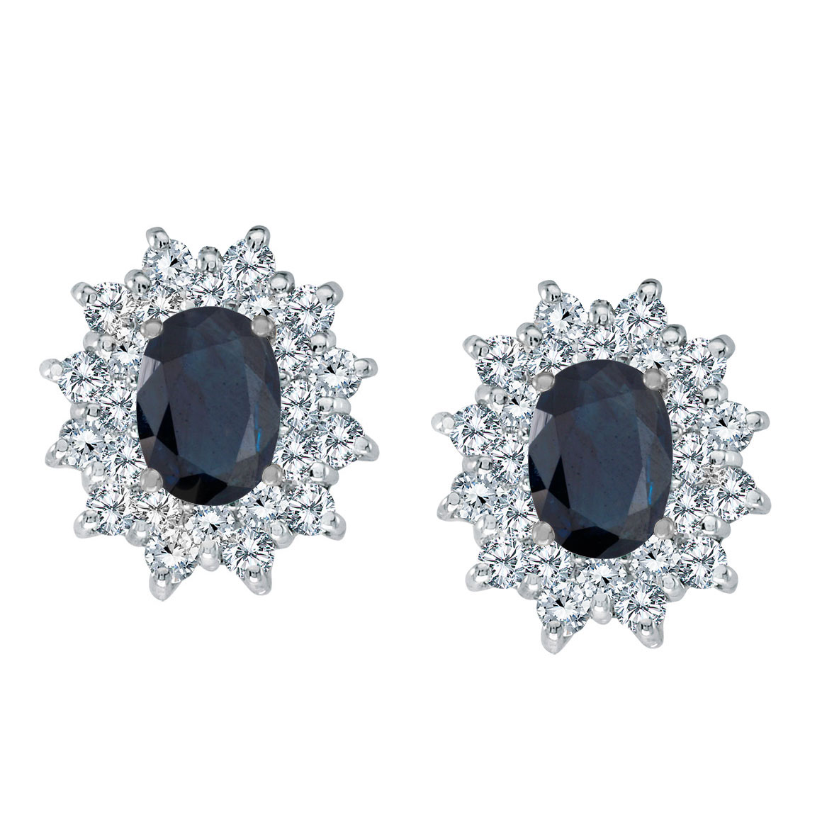 JCX2289: Bright 14k white gold earrings featuring 7x5 mm sapphires surrounded by 1.00 total carat of scintillating diamonds.