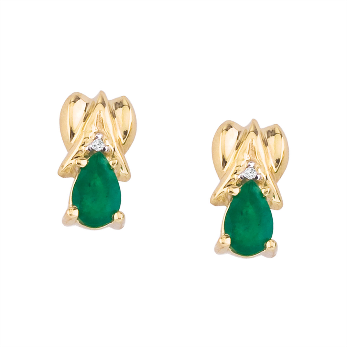 JCX2290: 14k yellow gold stud earrings with 6x4 mm pear emeralds and bright diamond accents.