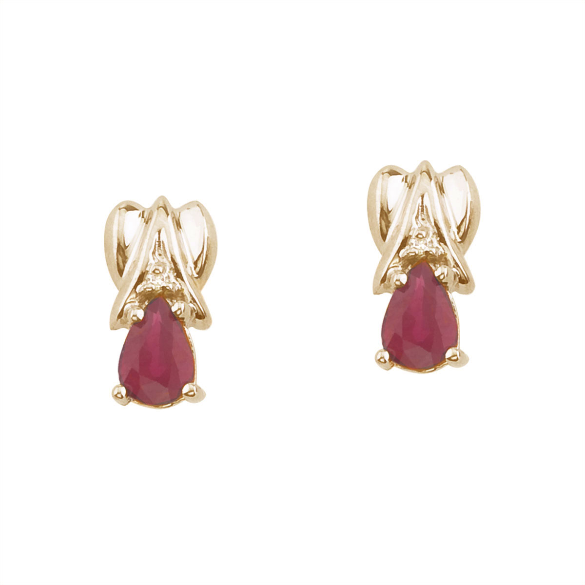 JCX2291: 14k yellow gold stud earrings with 6x4 mm pear rubies and bright diamond accents.