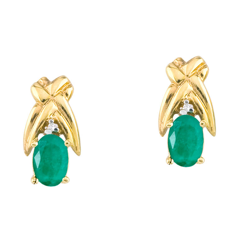 JCX2302: 14k yellow gold stud earrings with 6x4 mm pear emeralds and bright diamond accents.