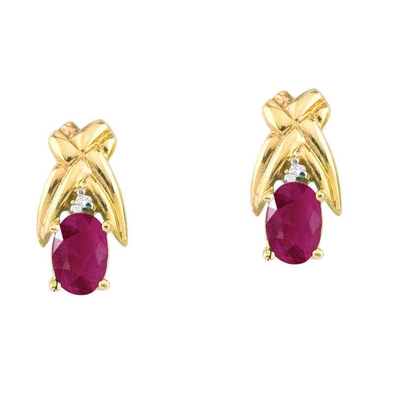 JCX2303: 14k yellow gold stud earrings with 6x4 mm pear rubies and bright diamond accents.