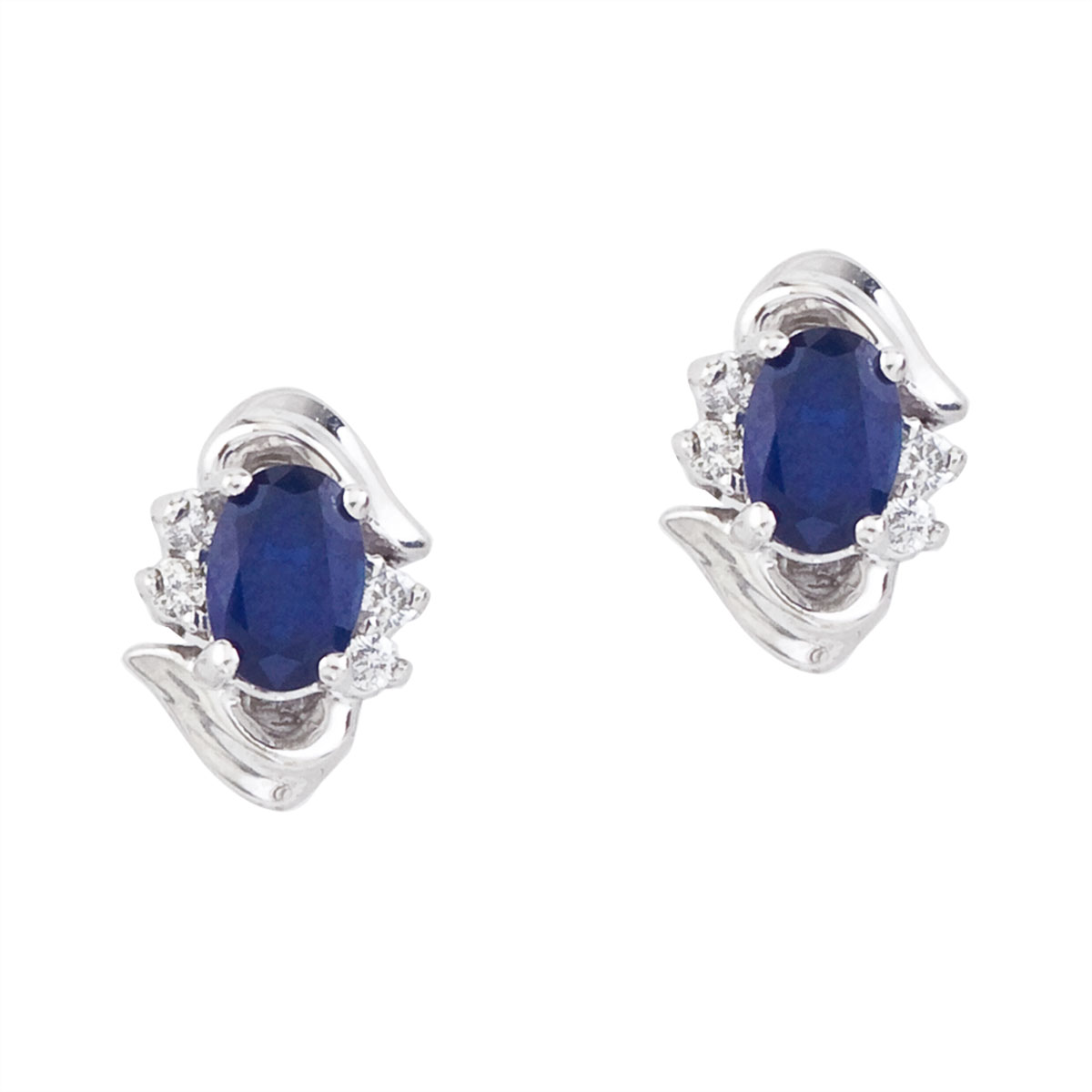 JCX2313: Stunning 14k white gold and sapphire earrings. Featuring natural 6x4 mm oval saphires and .11 total carat diamonds.