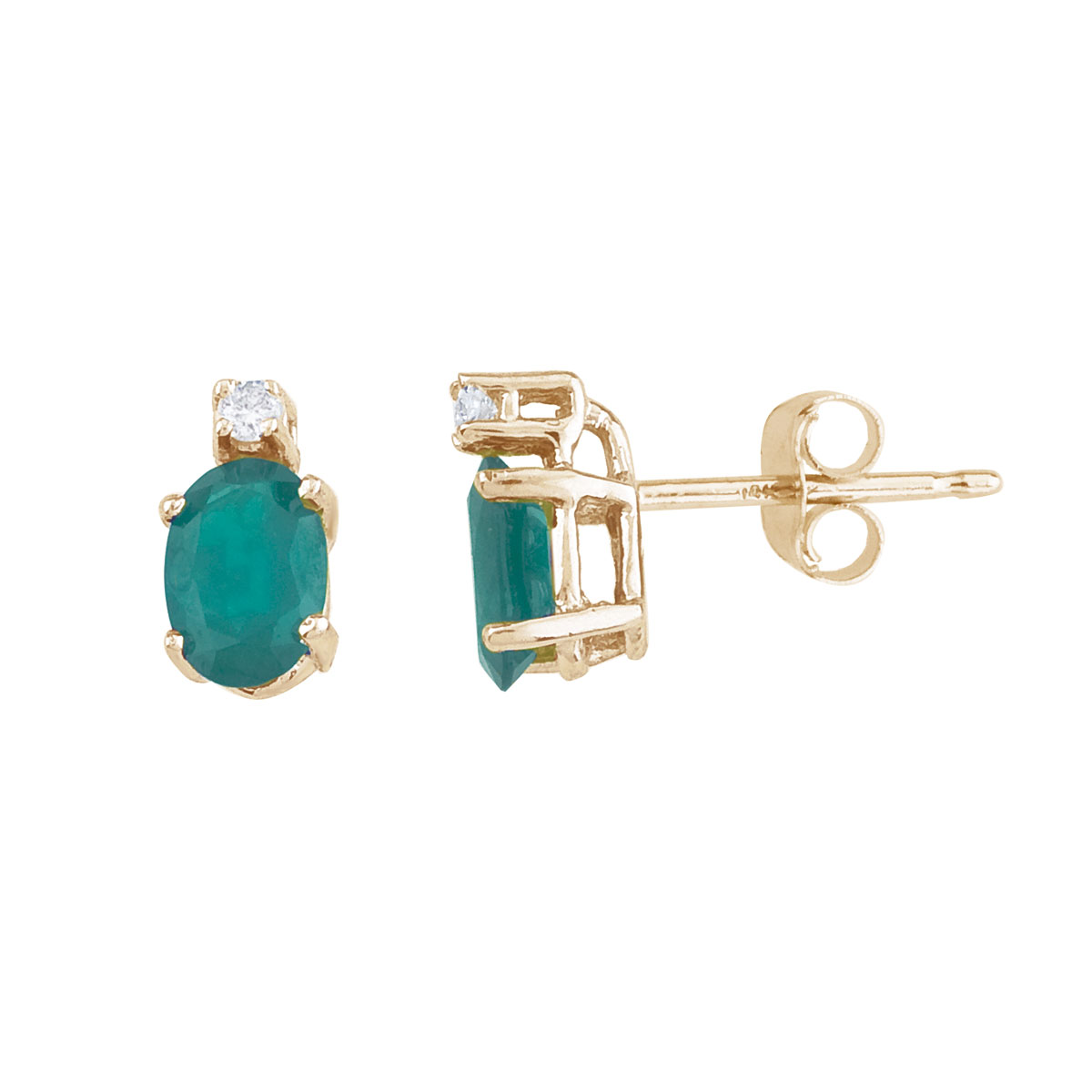 JCX2314: These 6x4 mm oval emerald earrings are set in beautiful 14k yellow gold and feature .04 total carat diamonds.