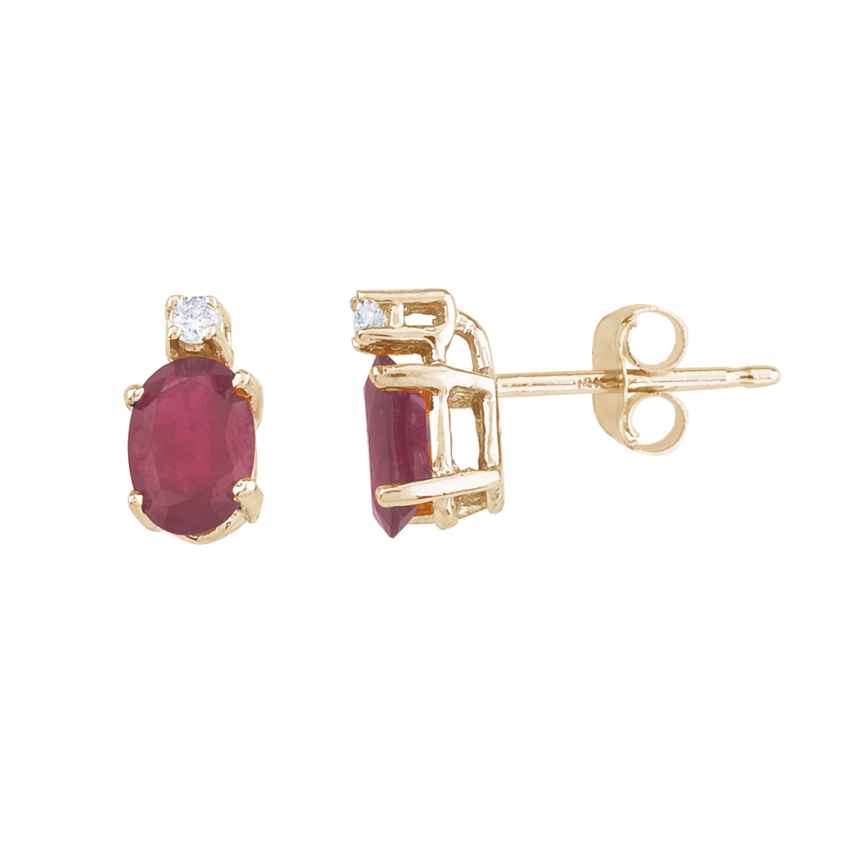 JCX2315: These 6x4 mm oval ruby earrings are set in beautiful 14k yellow gold and feature .04 total carat diamonds.