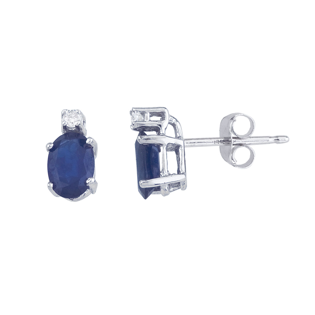 JCX2319: These 6x4 mm oval sapphire earrings are set in beautiful 14k white gold and feature .04 total carat diamonds.