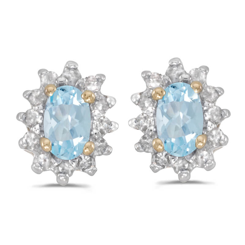 JCX2348: These 14k yellow gold oval aquamarine and .25 ct diamond earrings feature 5x3 mm genuine natural aquamarines with a 0.28 ct total weight.