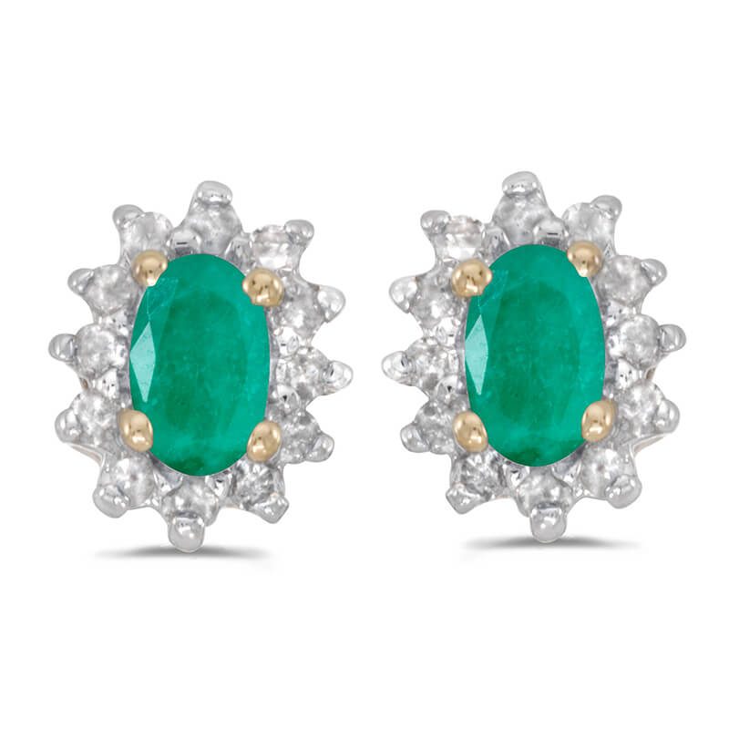 JCX2350: These 14k yellow gold oval emerald and .25 ct diamond earrings feature 5x3 mm genuine natural emeralds with a 0.32 ct total weight.