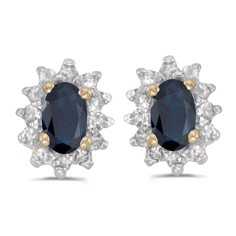 These 14k yellow gold oval sapphire and .25 ct diamond earrings feature 5x3 mm genuine natural sapphires with a 0.50 ct total weight.