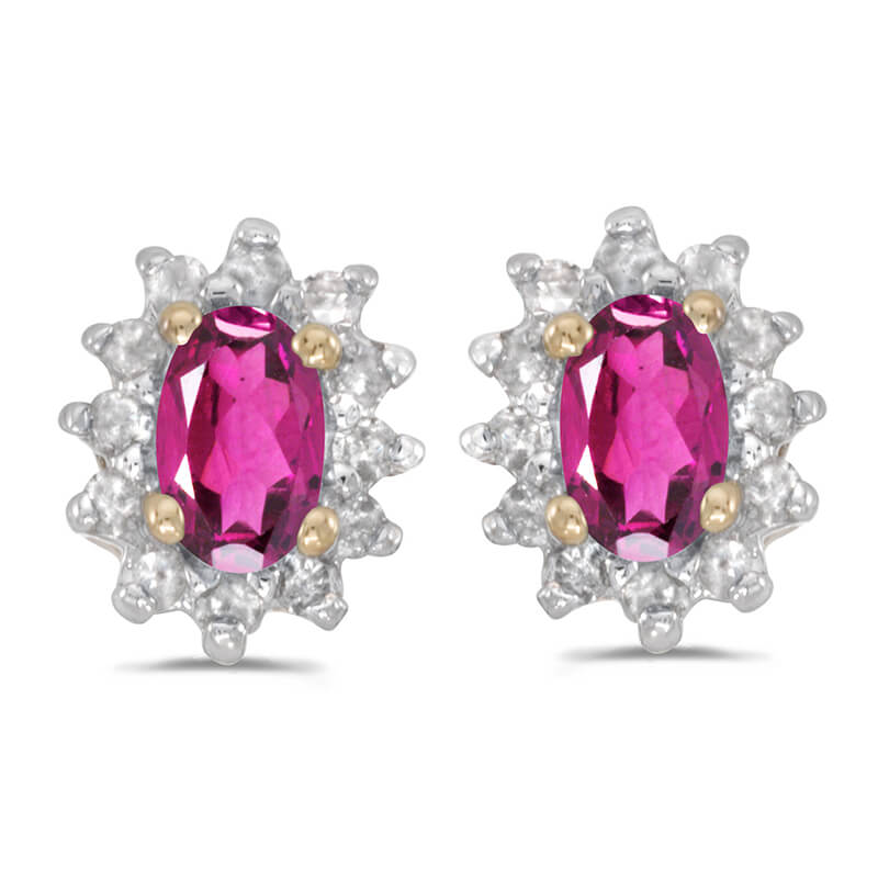 JCX2357: These 14k yellow gold oval pink topaz and .25 ct diamond earrings feature 5x3 mm genuine natural pink topazs with a 0.50 ct total weight.