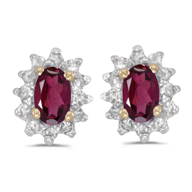 JCX2358: These 14k yellow gold oval rhodolite garnet and .25 ct diamond earrings feature 5x3 mm genuine natural rhodolite garnets with a 0.46 ct total weight.