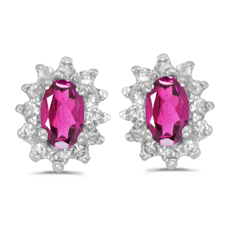 JCX2370: These 14k white gold oval pink topaz and .25 ct diamond earrings feature 5x3 mm genuine natural pink topazs with a 0.50 ct total weight.
