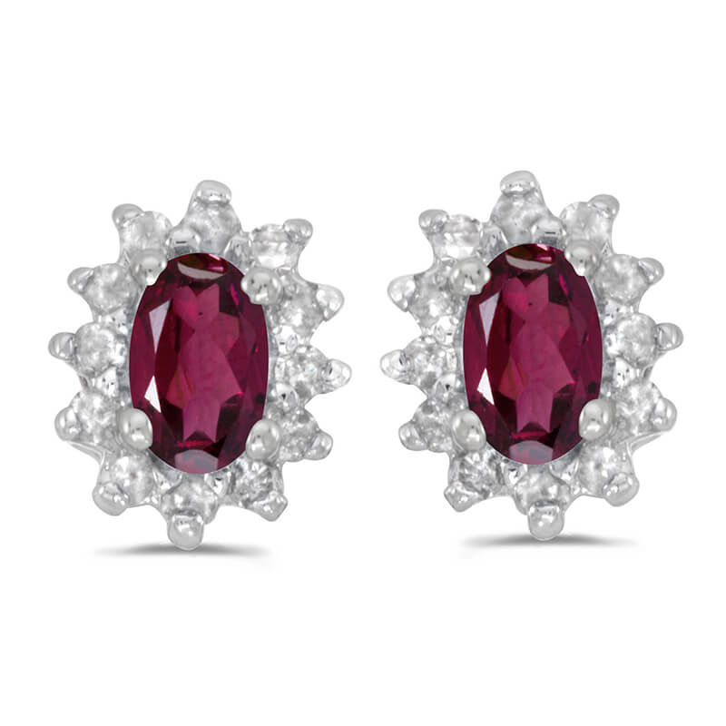 JCX2371: These 14k white gold oval rhodolite garnet and .25 ct diamond earrings feature 5x3 mm genuine natural rhodolite garnets with a 0.46 ct total weight.
