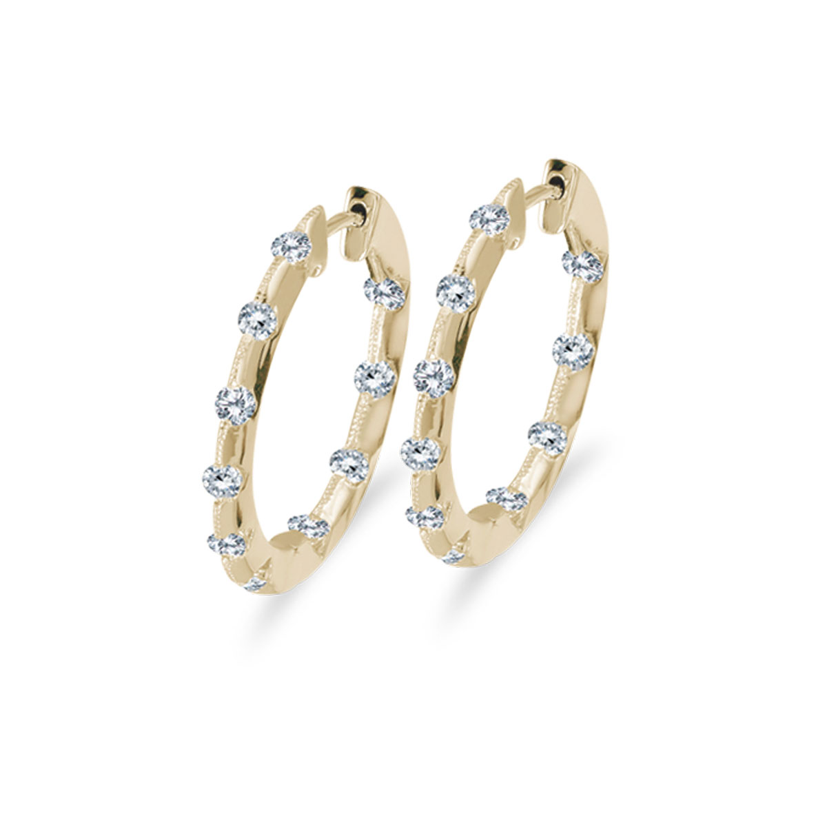 JCX2386: 19 mm diamond inside/outside hoop earrings in beautiful 14k yellow gold. The perfect look for day or night. .50 carat genuine diamonds.