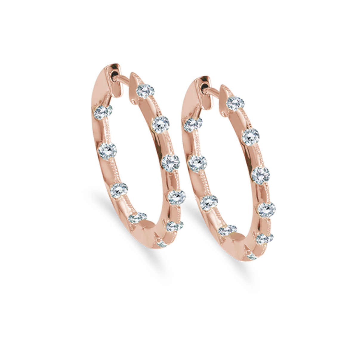 JCX2387: 19 mm diamond inside/outside hoop earrings in beautiful 14k rose gold. The perfect look for day or night. .50 carat genuine diamonds.