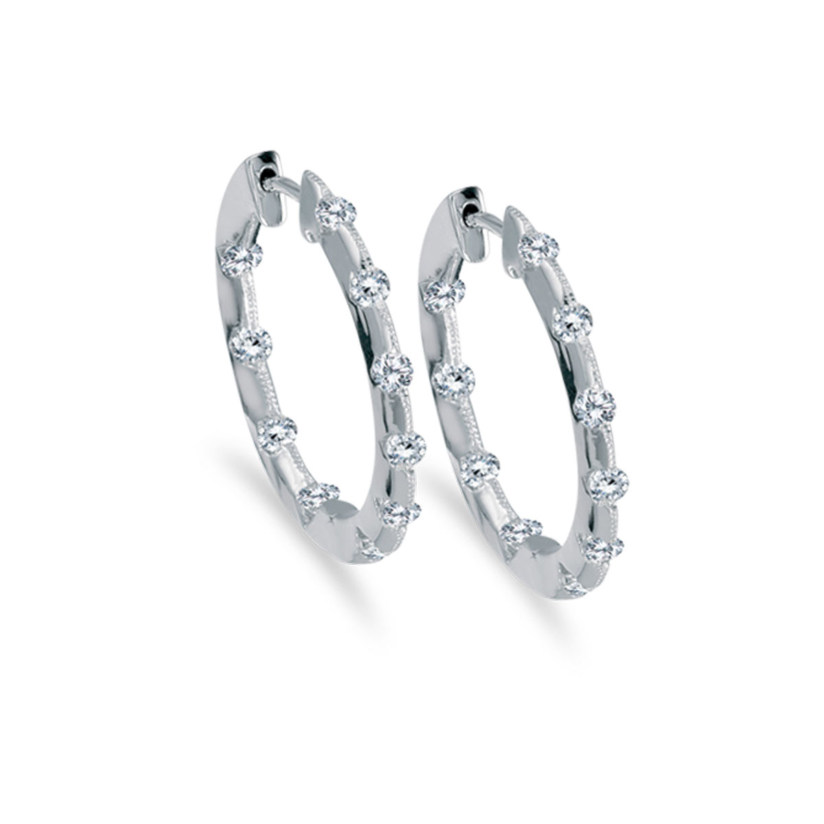 JCX2388: 19 mm diamond inside/outside hoop earrings in beautiful 14k white gold. The perfect look for day or night. .50 carat genuine diamonds.
