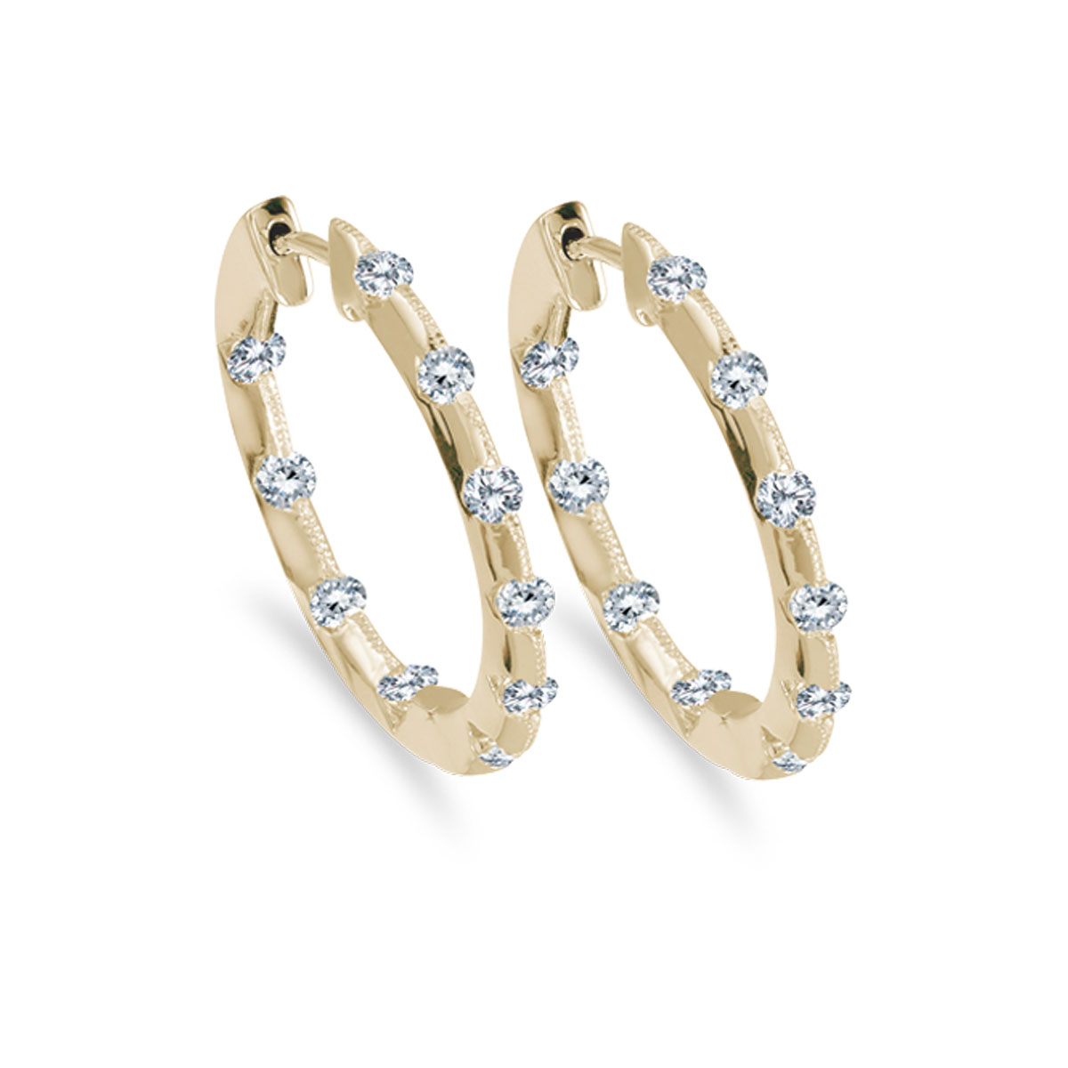 24 mm diamond inside/outside hoop earrings in beautiful 14k yellow gold. The perfect look for day or night. 1.00 carat genuine diamonds.