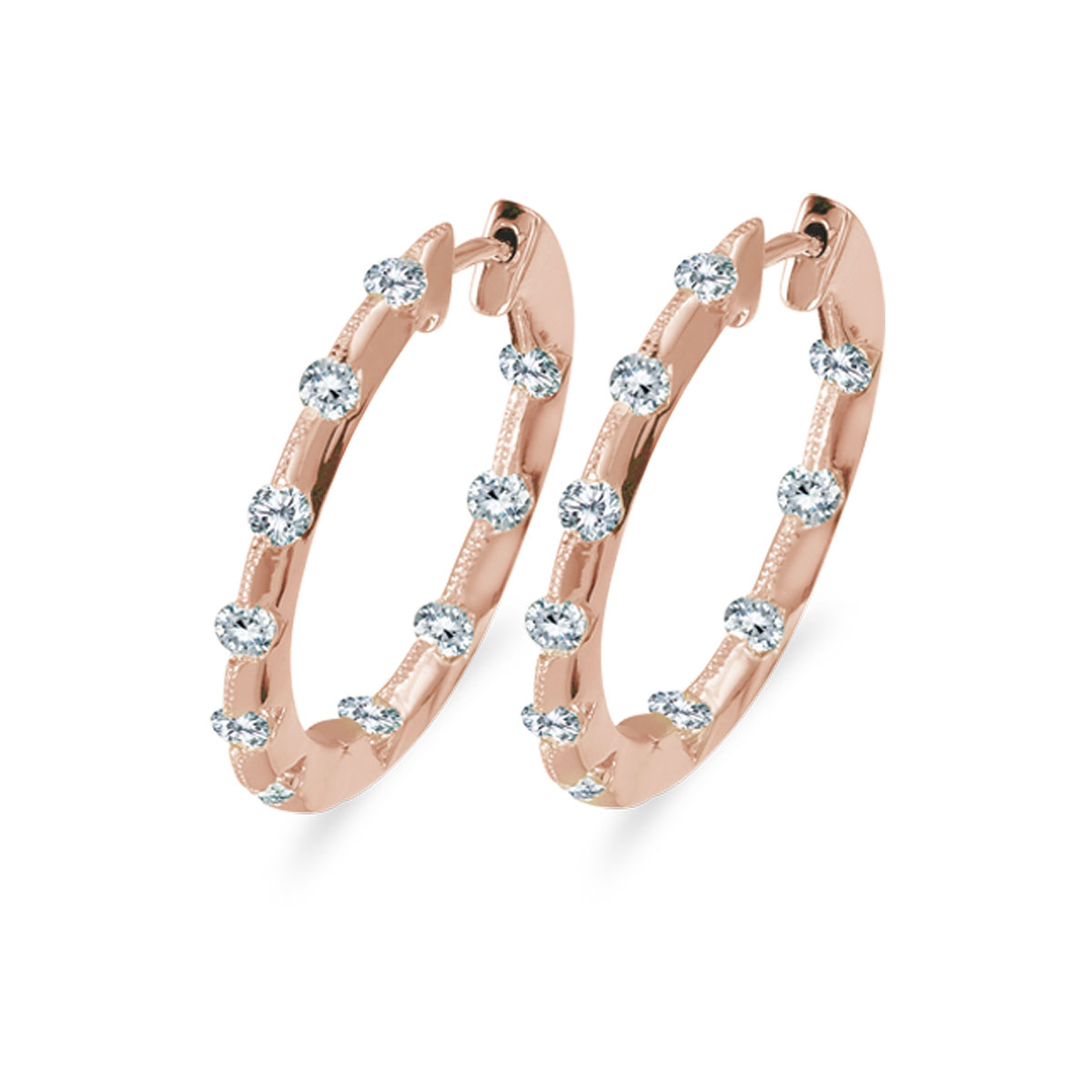 JCX2390: 24 mm diamond inside/outside hoop earrings in beautiful 14k rose gold. The perfect look for day or night. 1.00 carat genuine diamonds.