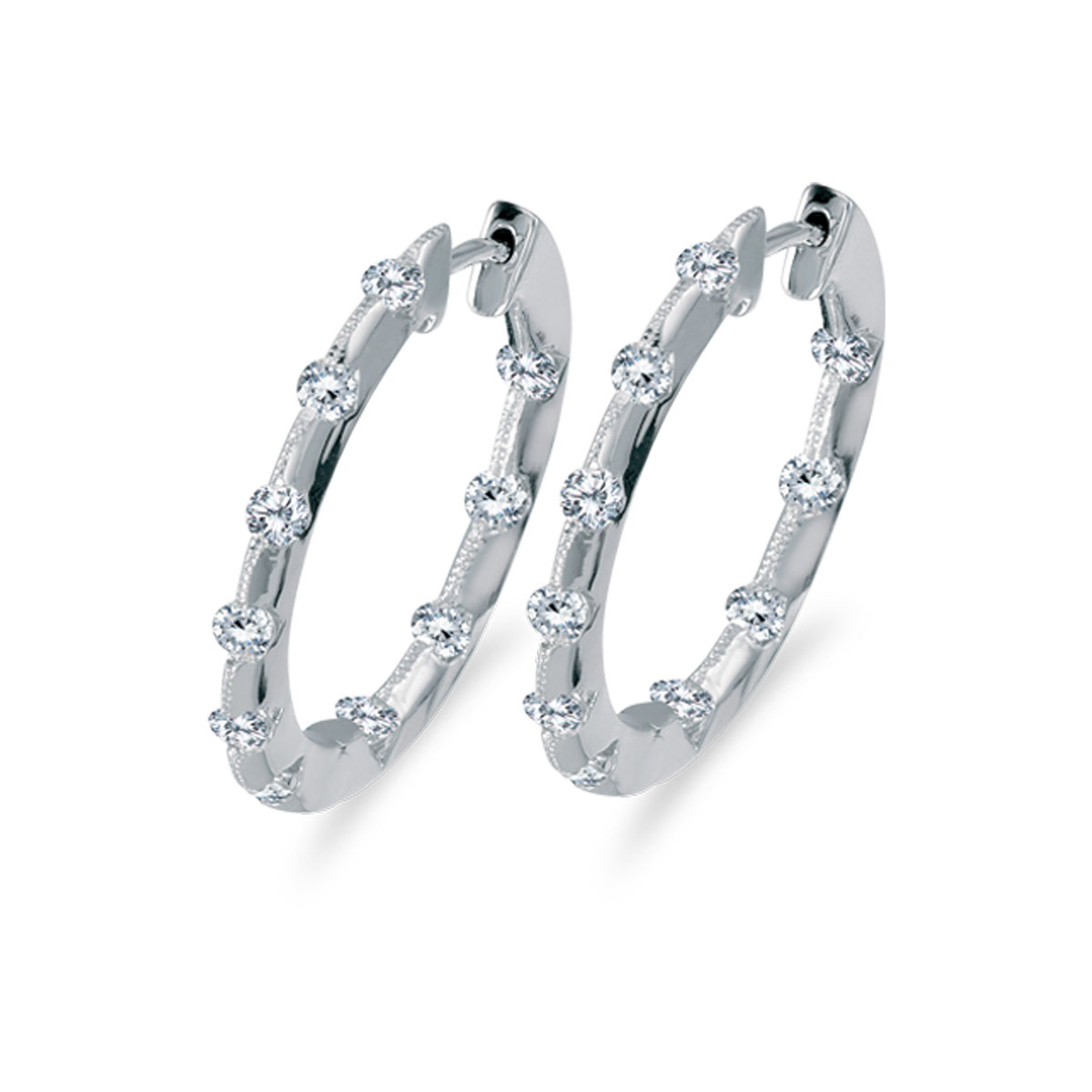 JCX2391: 24 mm diamond inside/outside hoop earrings in beautiful 14k white gold. The perfect look for day or night. 1.00 carat genuine diamonds.