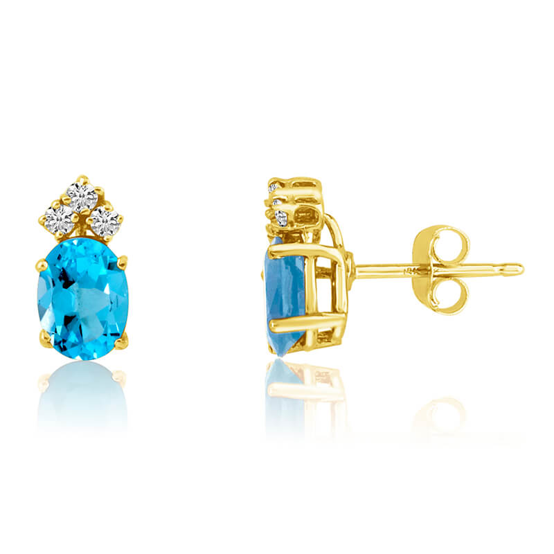 14k Yellow Gold Oval Blue Topaz Earrings with Diamonds