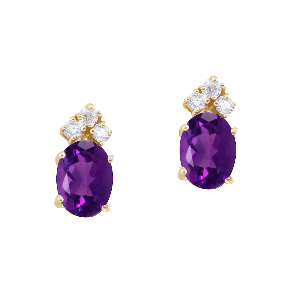 JCX2407: These 7x5 mm oval shaped amethyst earrings are set in beautiful 14k yellow gold and feature .12 total carat diamonds.