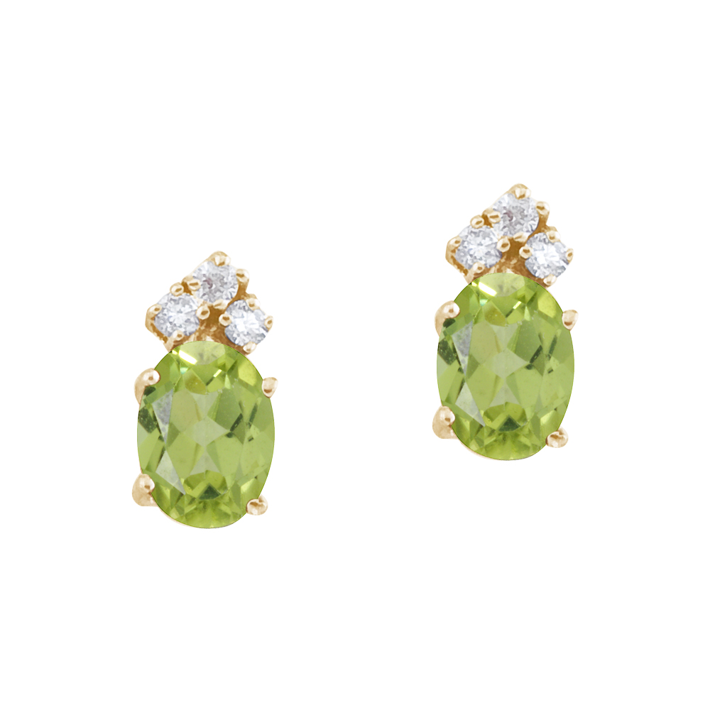 JCX2408: These 7x5 mm oval shaped peridot earrings are set in beautiful 14k yellow gold and feature .12 total carat diamonds.