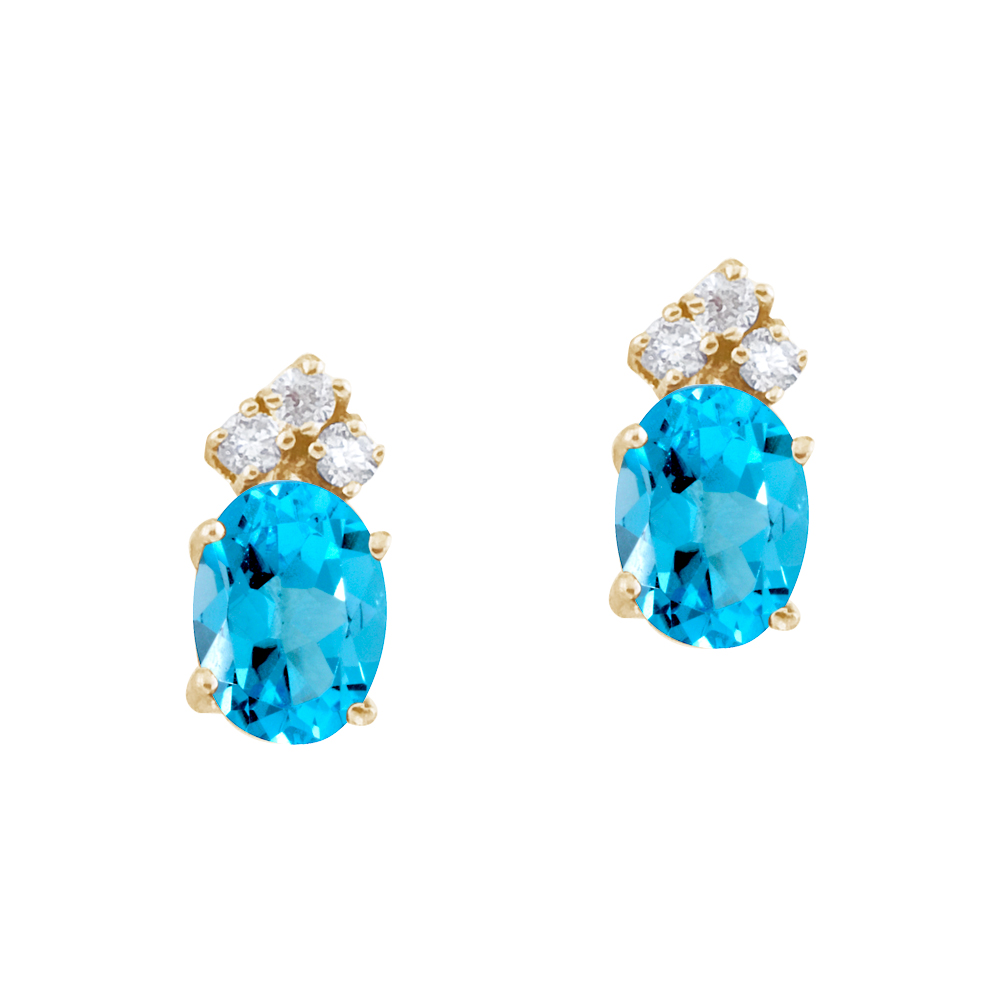 JCX2410: These 7x5 mm oval shaped blue topaz earrings are set in beautiful 14k yellow gold and feature .12 total carat diamonds.