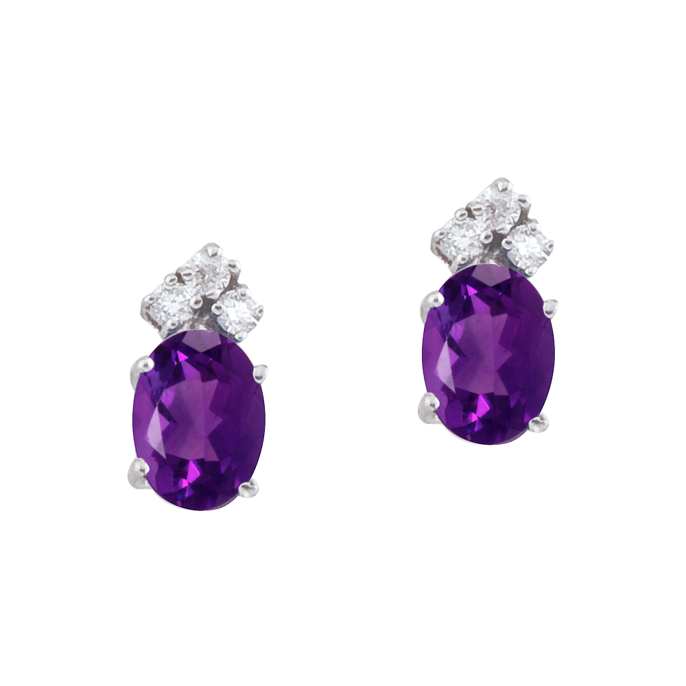 JCX2412: These 7x5 mm oval shaped amethyst earrings are set in beautiful 14k white gold and feature .12 total carat diamonds.