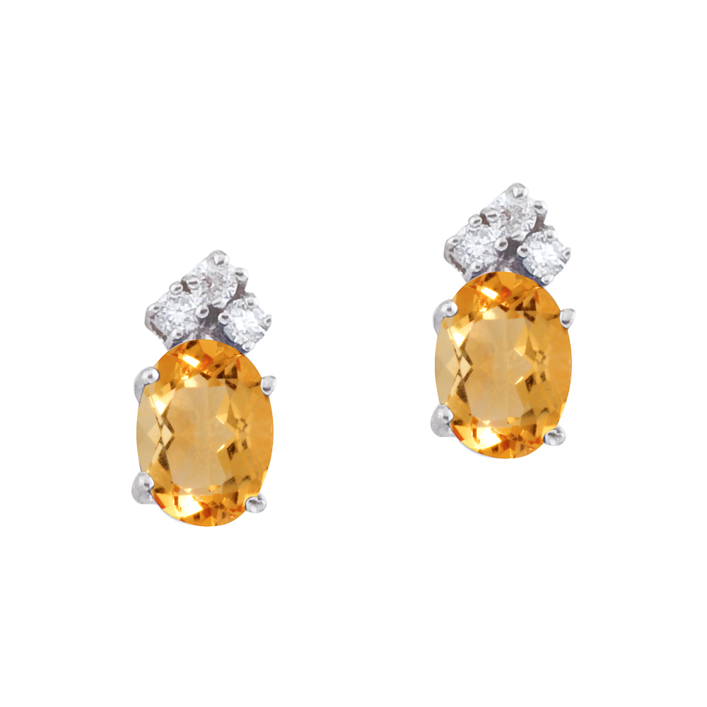 JCX2414: These 7x5 mm oval shaped citrine earrings are set in beautiful 14k white gold and feature .12 total carat diamonds.