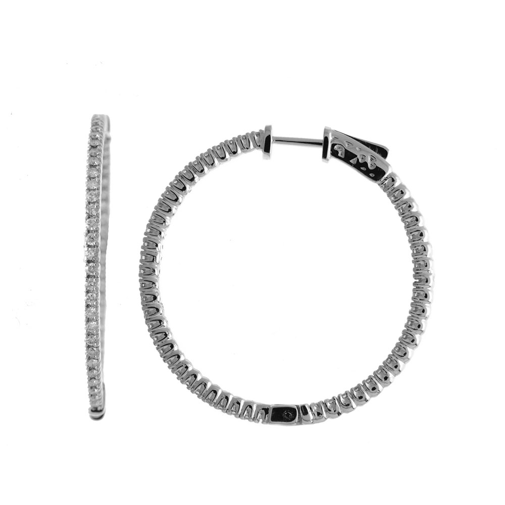 JCX2476: These 35x35 mm patented secure lock inside-outside diamond hoop earrings feature 1 carats of stunning diamonds.