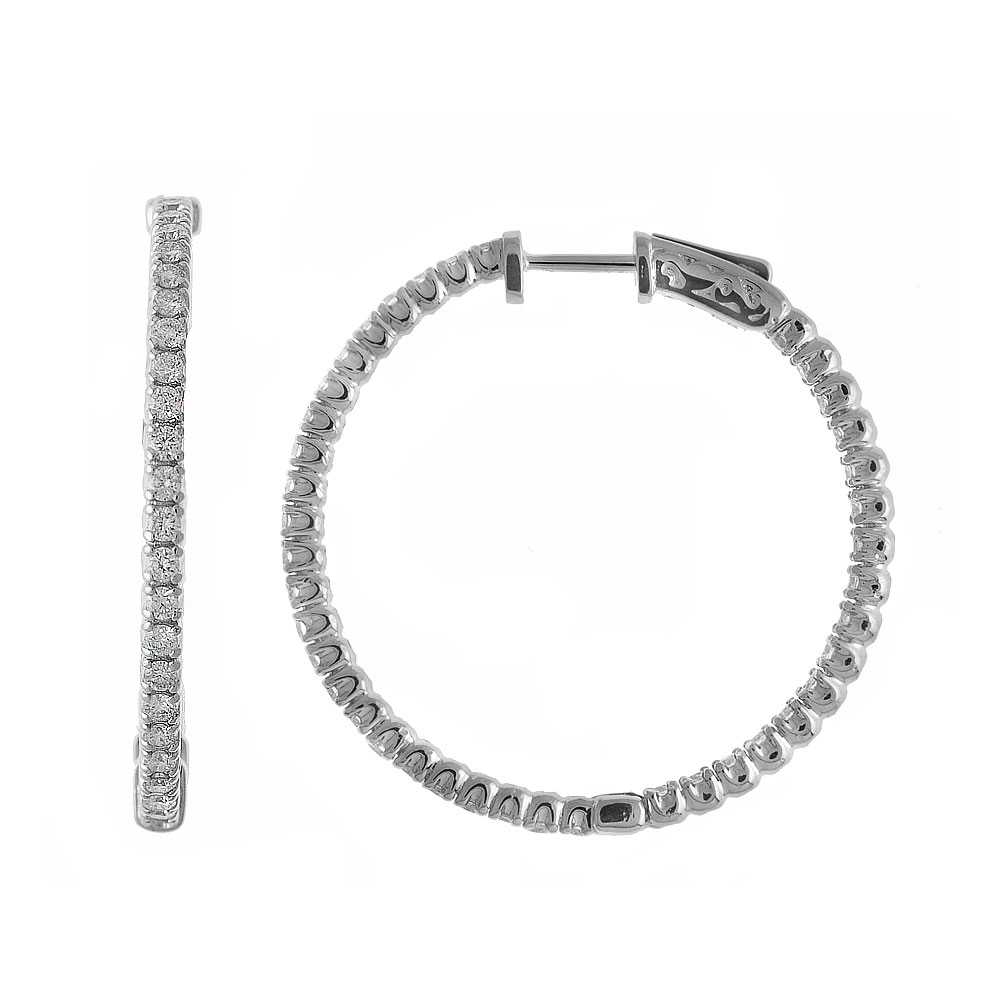 JCX2477: These 35x35 mm patented secure lock inside-outside diamond hoop earrings feature 3 carats of stunning diamonds.
