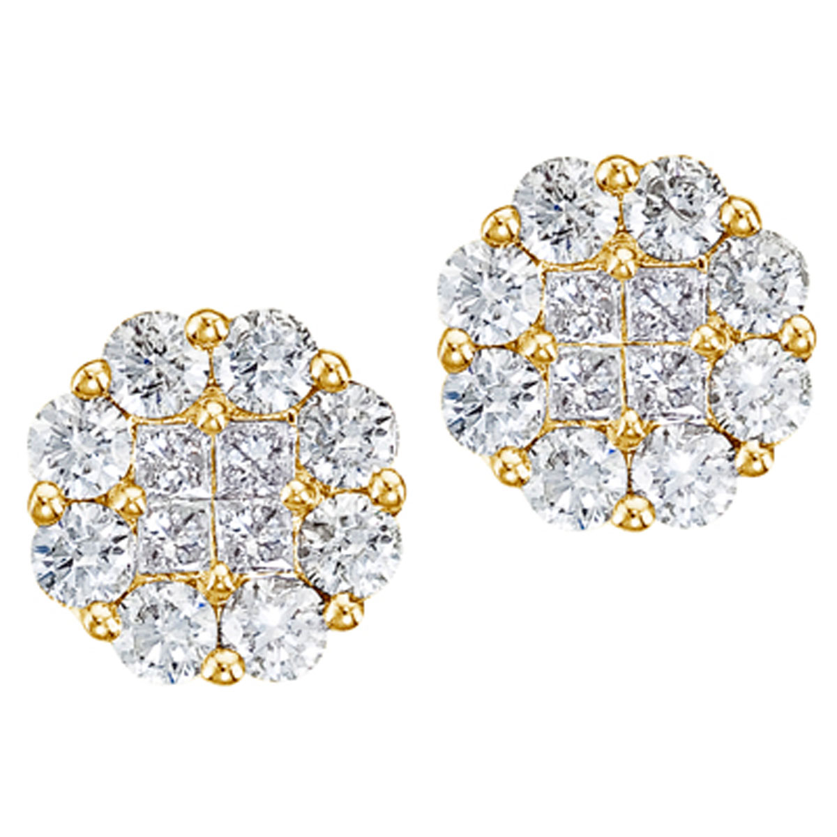 JCX2483: Gorgeous 14k yellow gold earrings with 1.50 total carats of shimmering genuine diamonds. Clustaires give all the sparkling elegence of a solitaire at a fraction of the price.