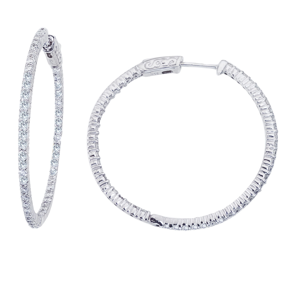 JCX2496: These 35x35 mm patented secure lock inside-outside diamond hoop earrings feature 2 carats of stunning diamonds.