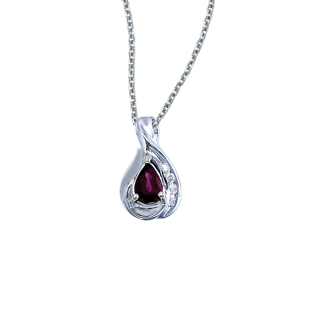 JCX2536: A beautiful  eye-catching  7x5mm genuine ruby pendant in 14k white gold with .08 total diamond carats.