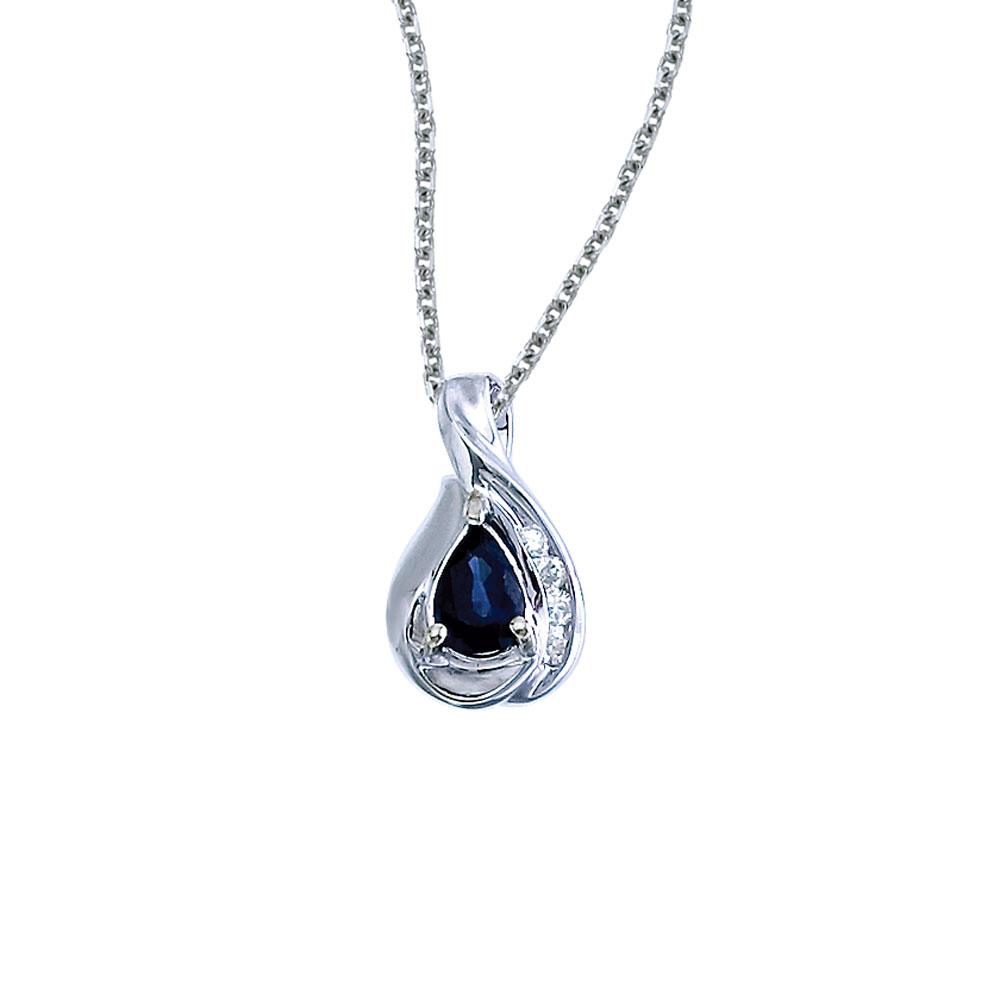 A beautiful  eye-catching  7x5mm genuine sapphire pendant in 14k white gold with .08 total diamond carats.