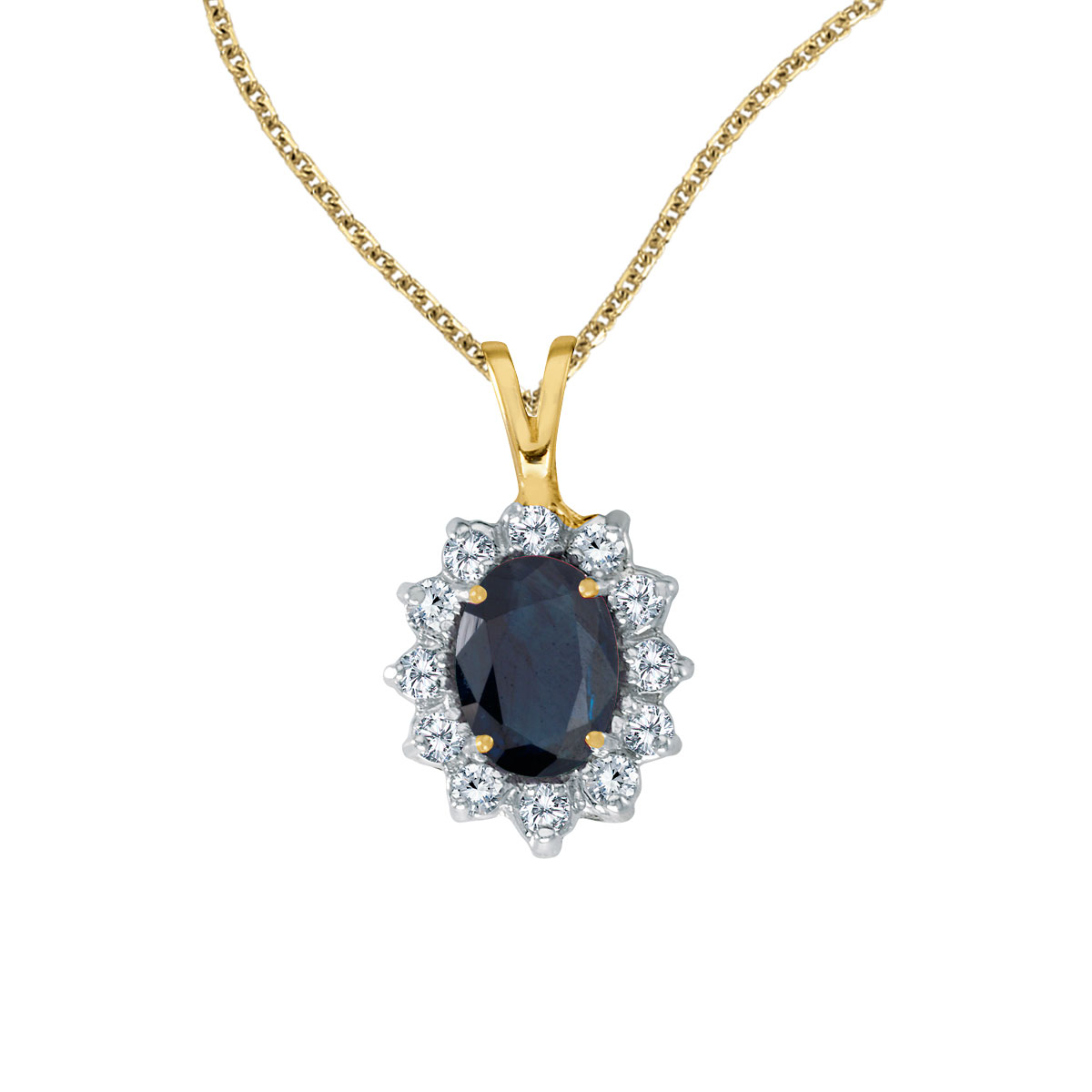 JCX2540: 8x6 mm sapphire surrounded by .30 carats of shimmering diamonds set in 14k yellow gold. Perfect for birthdays and holidays.