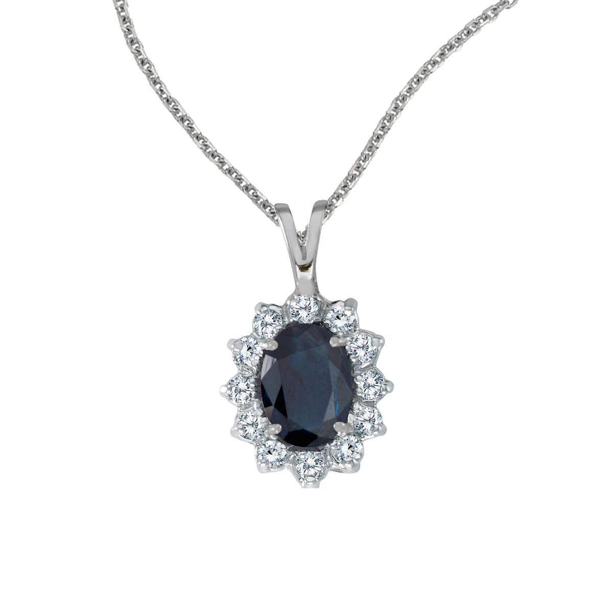 JCX2543: 8x6 mm sapphire surrounded by .30 carats of shimmering diamonds set in 14k white gold. Perfect for birthdays and holidays.
