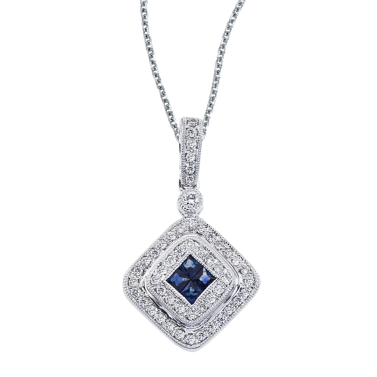 JCX2557: This fashionable pendant features four 1.6 mm sapphires and .17 total carats of sparkling diamonds.