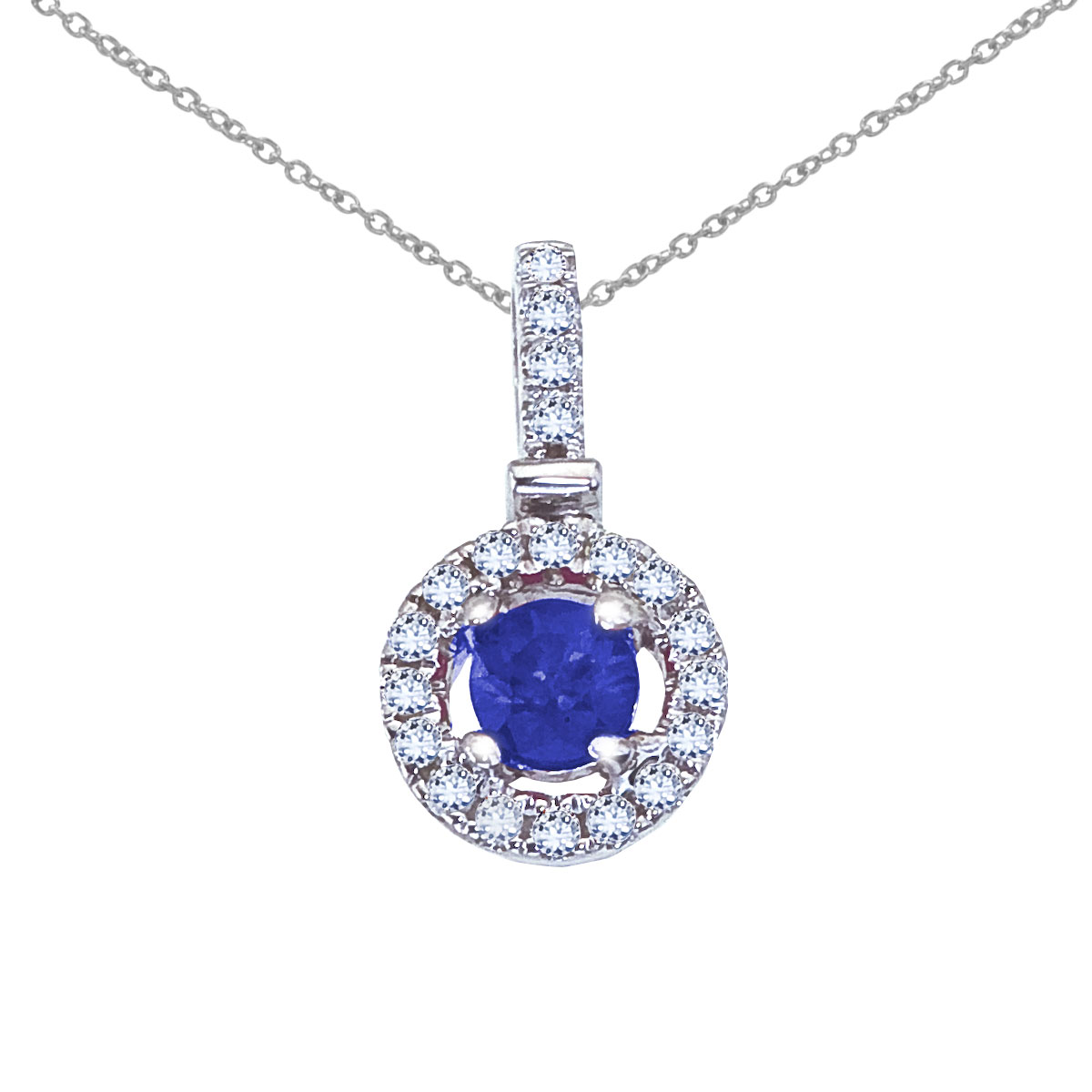 JCX2558: A stunning 3.8 mm sapphire surrounded .12 total ct diamonds set in a bright 14k white gold pendant.