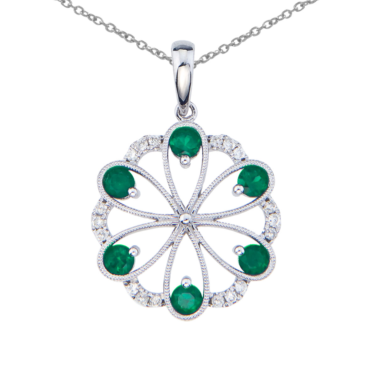 JCX2560: Beautiful floral pendant set in 14k white gold with 6 dazzling emeralds and .14 total carats of bright diamonds.