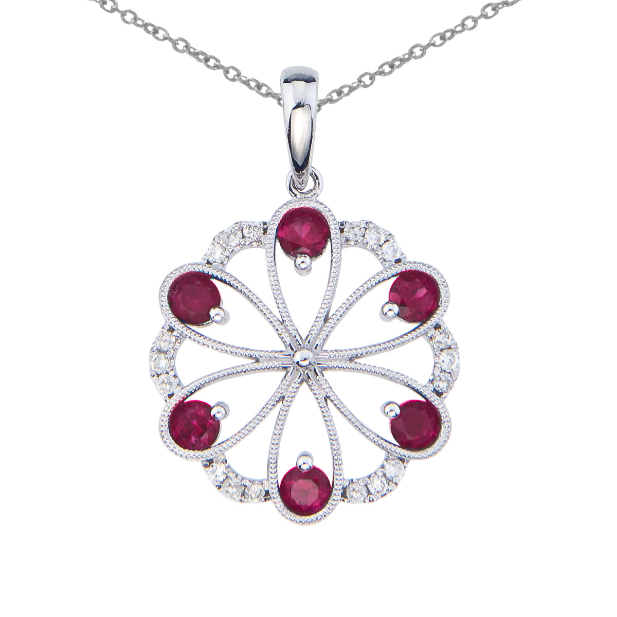 JCX2561: Beautiful floral pendant set in 14k white gold with 6 dazzling rubies and .14 total carats of bright diamonds.