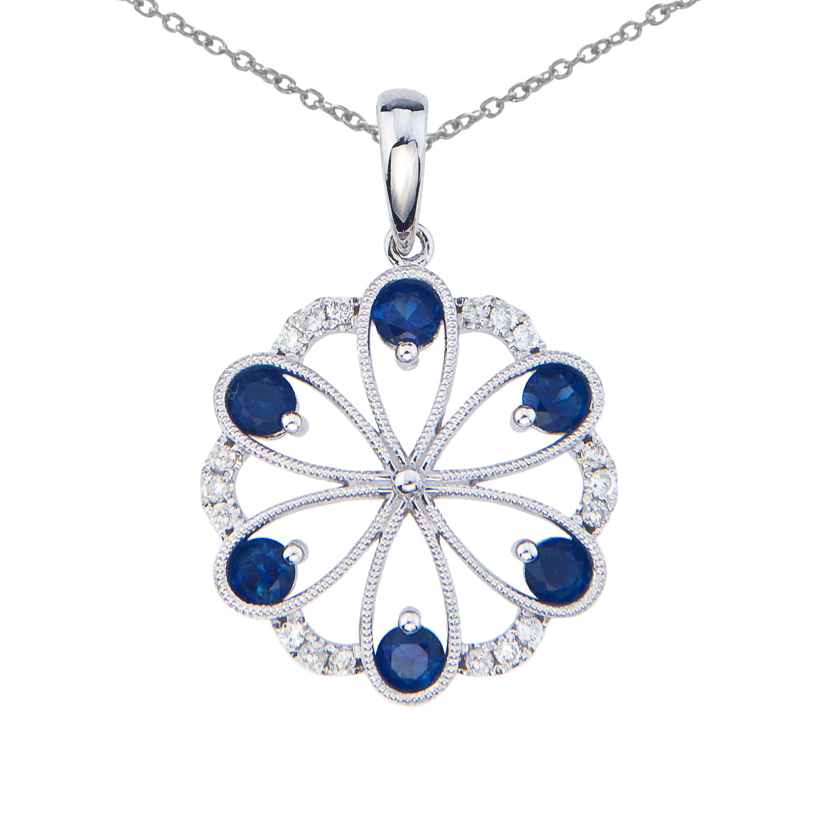 JCX2562: Beautiful floral pendant set in 14k white gold with 6 dazzling sapphires and .14 total carats of bright diamonds.