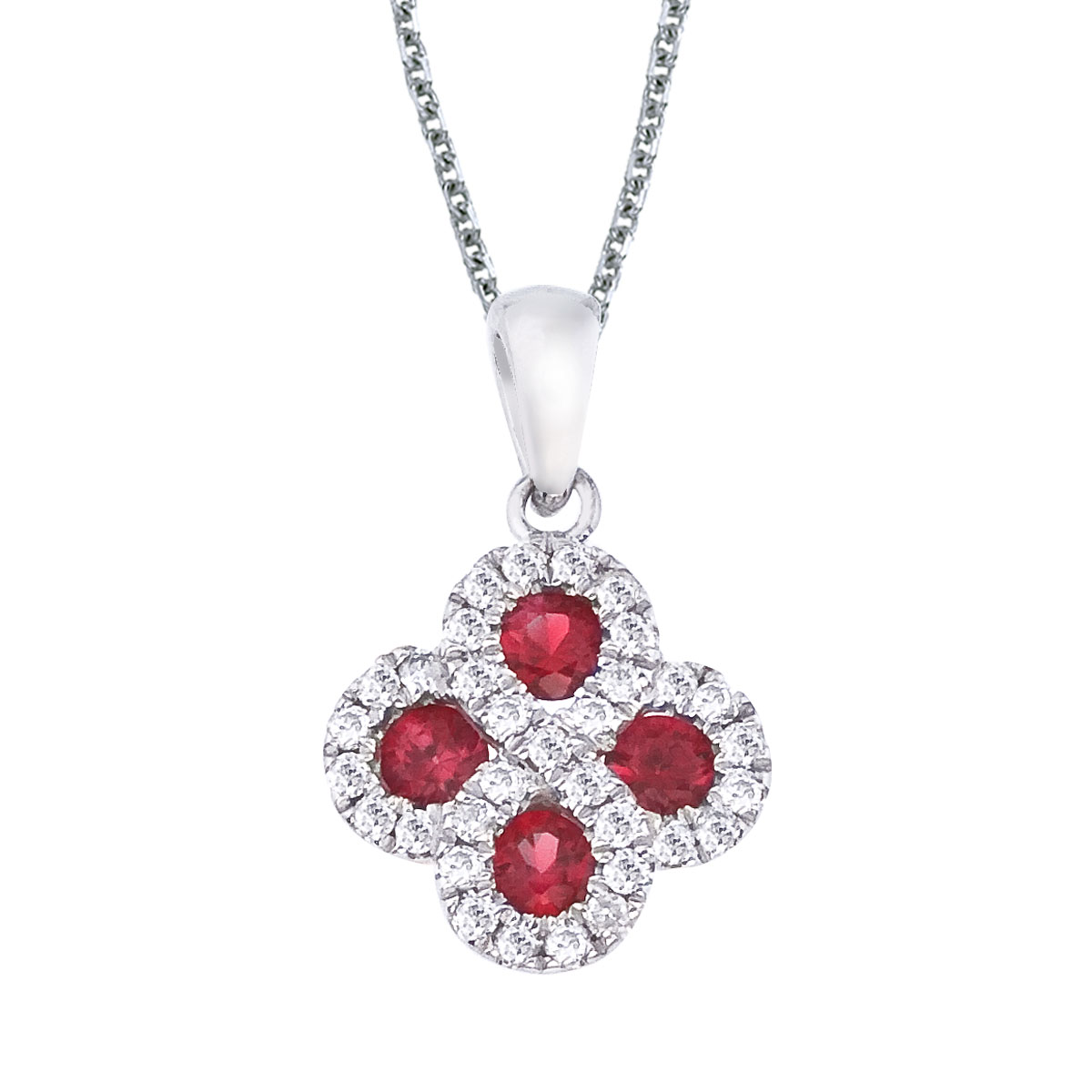 JCX2564: This 14k white gold clover shape pendant contains four 2.7 mm rubies surrounded by .13 carats of shimmering diamonds.