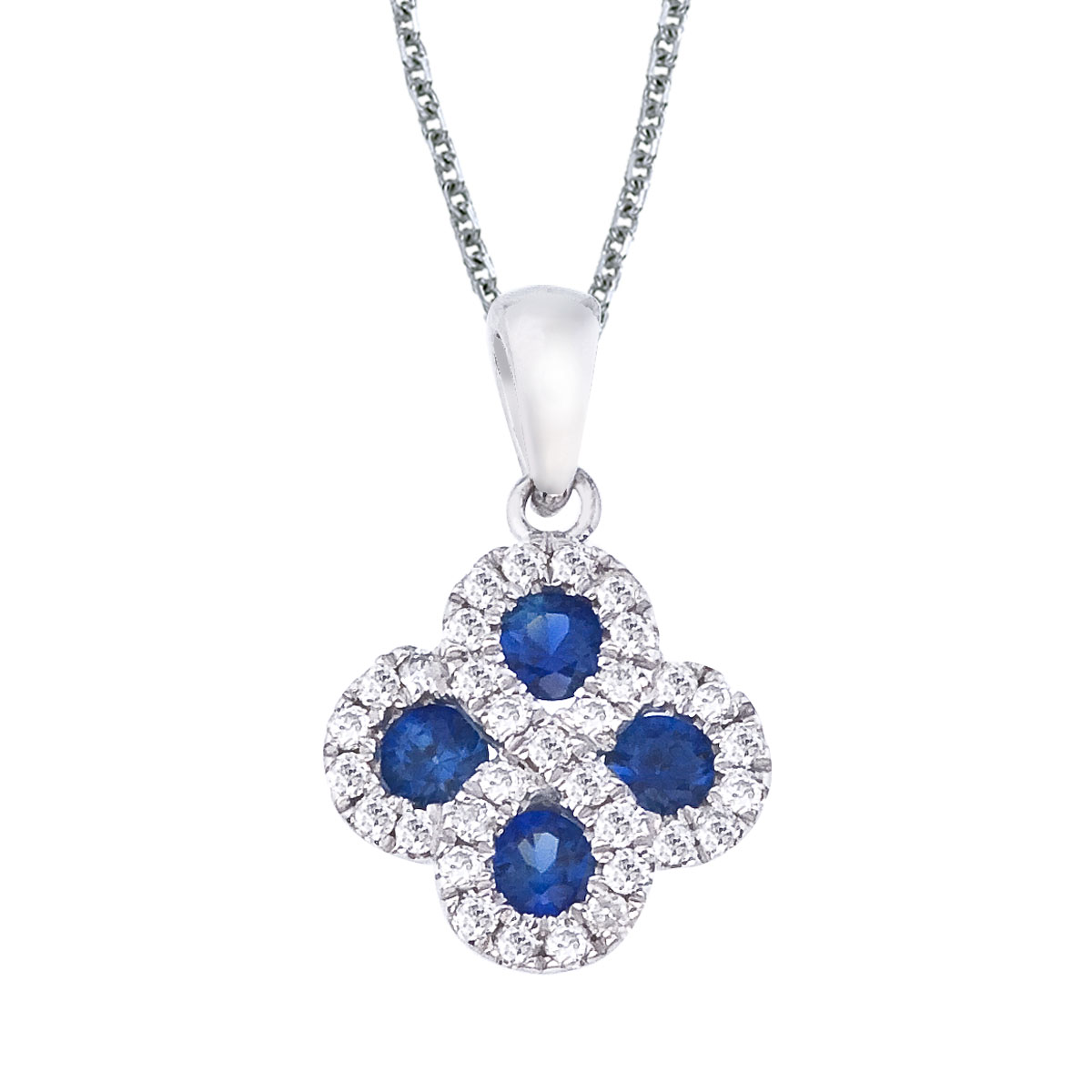 JCX2565: This 14k white gold clover shape pendant contains four 2.7 mm sapphires surrounded by .13 carats of shimmering diamonds.