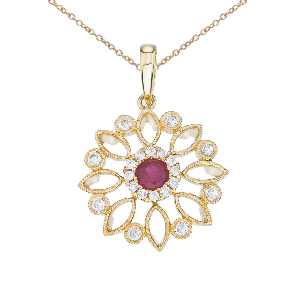 JCX2569: Flower shaped pendant set in 14k yellow gold with a radiant 4 mm ruby and .19 ct diamonds.