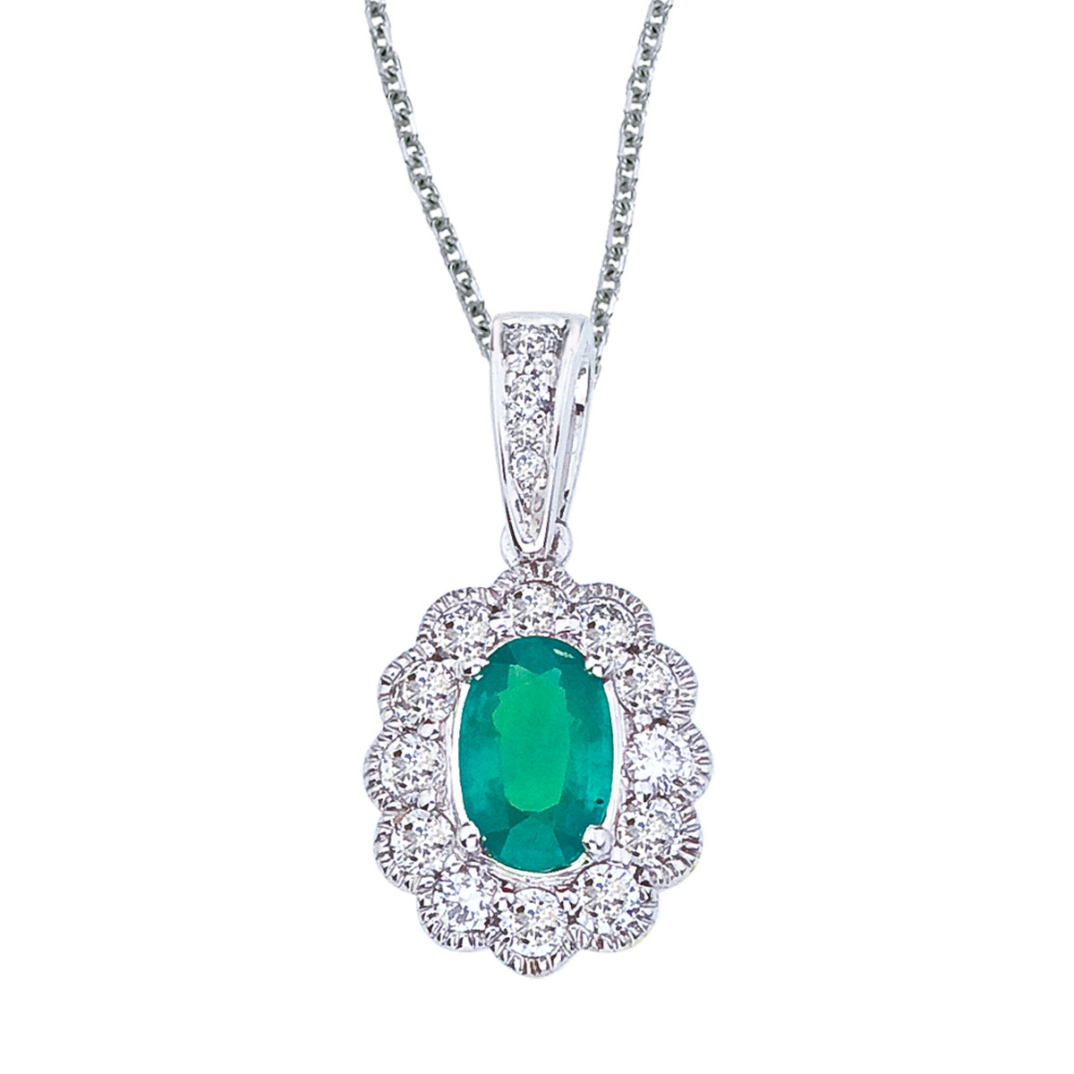 JCX2575: This beautiful 14k white gold pendant features a bright 6x4 mm emerald with .30 total ct diamonds.
