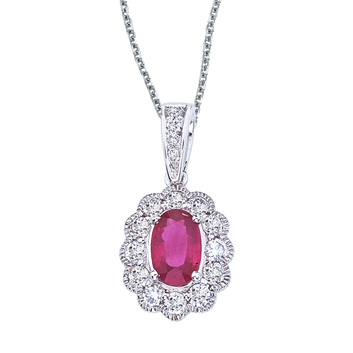JCX2576: This beautiful 14k white gold pendant features a bright 6x4 mm ruby with .30 total ct diamonds.