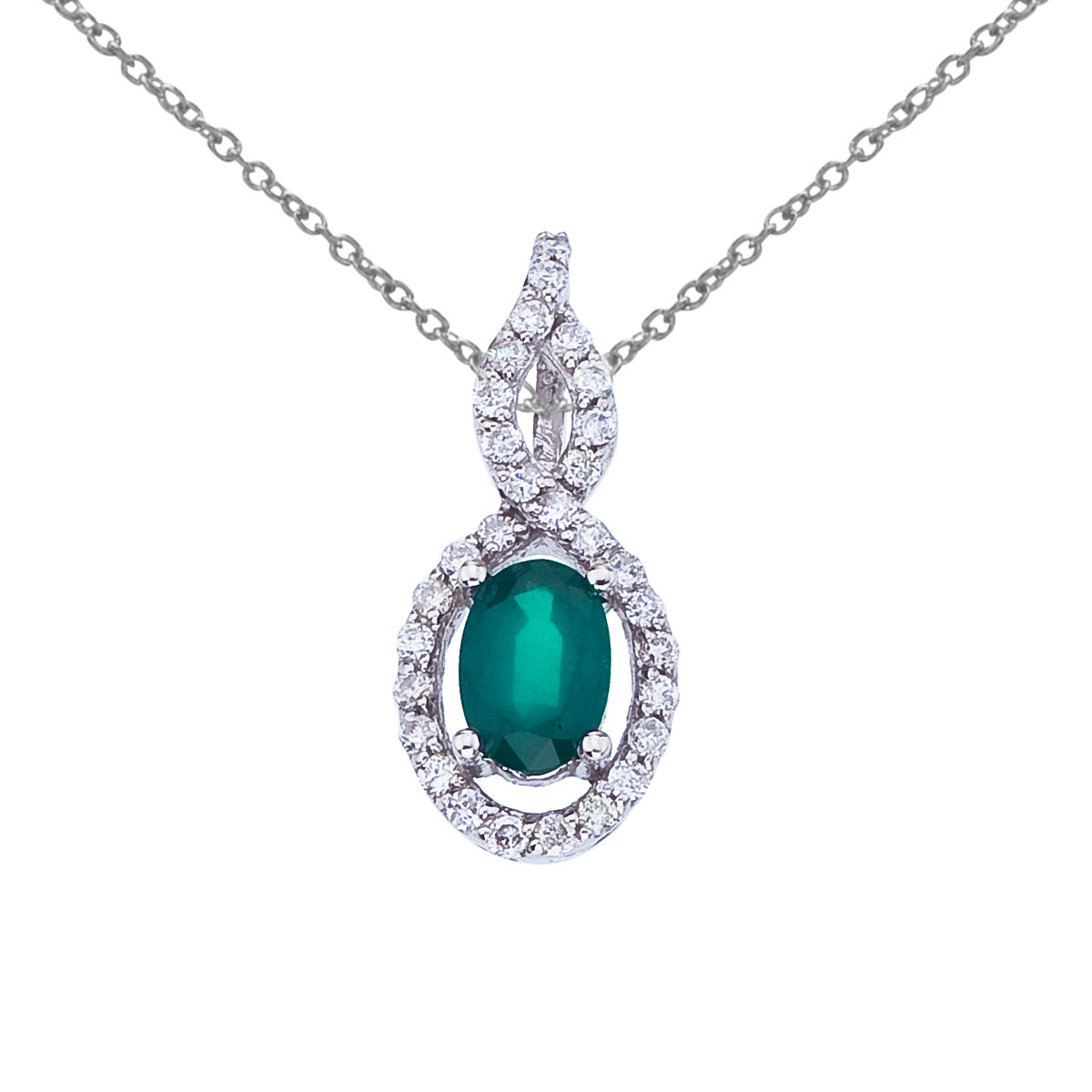 JCX2578: Luminous 6x4 mm emerald pendant surrounded by .18 total ct diamonds set in 14k white gold.
