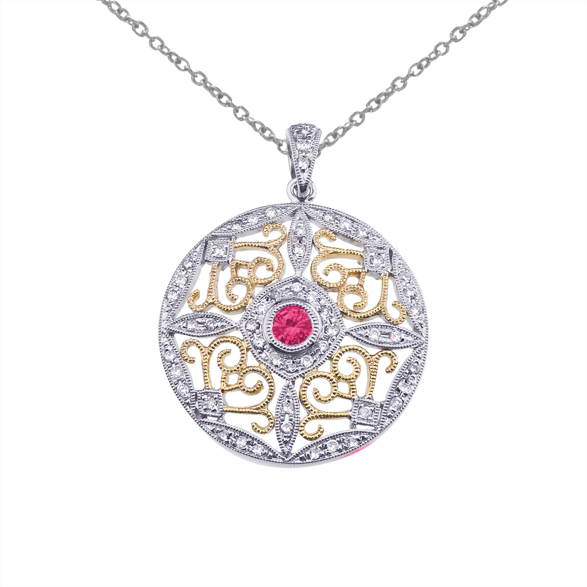 JCX2585: This pendant features a beautiful and intricate 14k two tone gold filigree design with a 4 mm ruby and .31 total ct diamonds.
