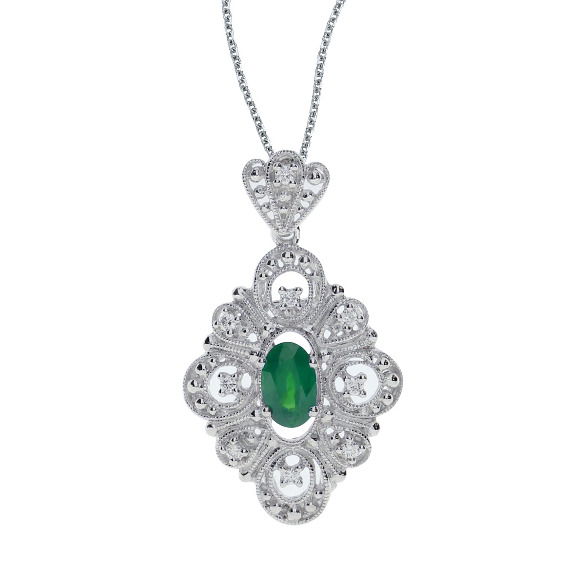This beautiful 14k white gold pendant features a bright 6x4 mm oval emerald and .08 carats of shimmering diamonds.
